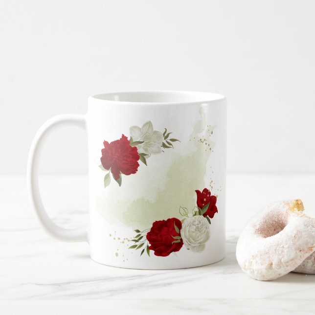 Rot-weiße Blumengrün Kaffeetasse (Mit Donut)
