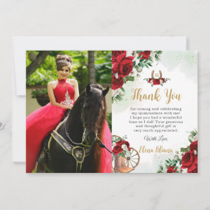 Rot Weiße Florale Charro Quinceañera Dankeskarten Einladung