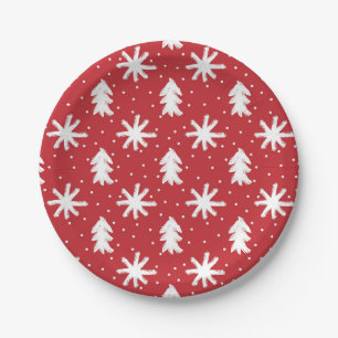 Rot Weiße Handgezeichnete Weihnachtsbaum-Schneeflo Pappteller