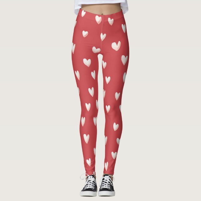 Rot Weiße Herzen Valentinstag Leggings (Vorderseite)