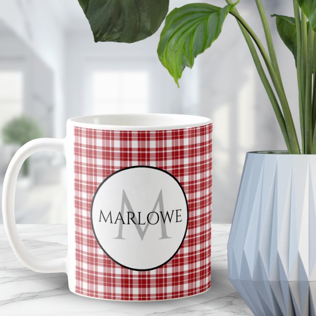 Rot-weiße Karo Kariert Monogramm Kaffeetasse (Red White Checks Plaid Monogram Coffee Mug)