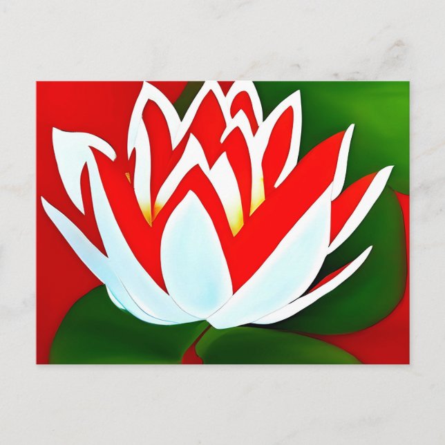 Rot-weiße Lotus-Blume mit grünen Blätter Postkarte (Vorderseite)