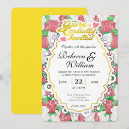 Rot-weiße Rosen-Hochzeitseinladung - Goldene Buchs Einladung