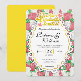 Rot-weiße Rosen-Hochzeitseinladung - Goldene Buchs Einladung