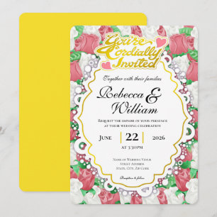 Rot-weiße Rosen-Hochzeitseinladung - Goldene Buchs Einladung