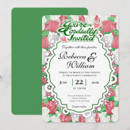 Rot-Weiße Rosen-Hochzeitseinladung - Grüne Buchsta Einladung