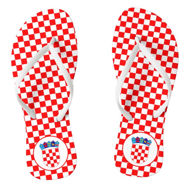 Rot-weiße Schachbretter mit kroatischem Emblem Flip Flops (Fußbett)