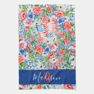 Rot Weiße und Blaue Blumen Monogramm 4. Juli Geschirrtuch
