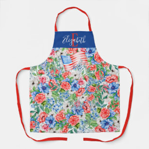 Rot Weiße Und Blaue Blumen Monogramm 4. Juli Schürze
