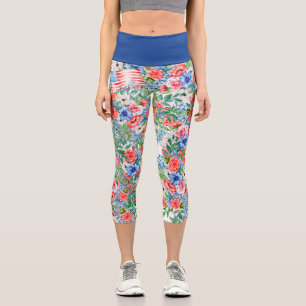 Rot Weiße Und Blaue Blumen Patriotischer 4. Juli Capri Leggings