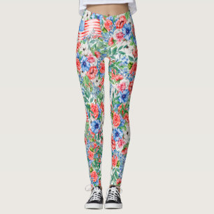 Rot Weiße Und Blaue Blumen Patriotischer 4. Juli Leggings
