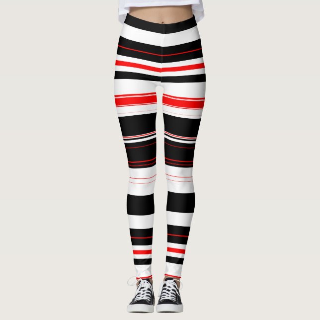 Rot-weiße und schwarze horizontale Streifen Leggings (Vorderseite)