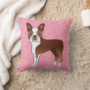 Rot-weißer Boston-Terrier-Hund auf rosa Herzen Kissen
