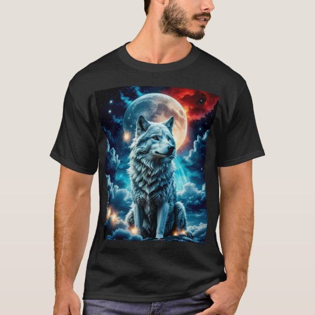 Rot, Weißer Wolf, Blau T-Shirt (Vorderseite)