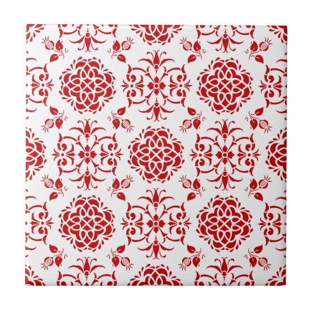 Rot-Weißes Blumen-Damaskus-Muster Fliese (Vorderseite)