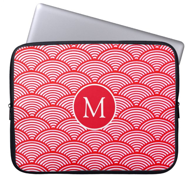 Rot-Weißes Muschel-Muster-Monogramm Laptopschutzhülle (Vorderseite)
