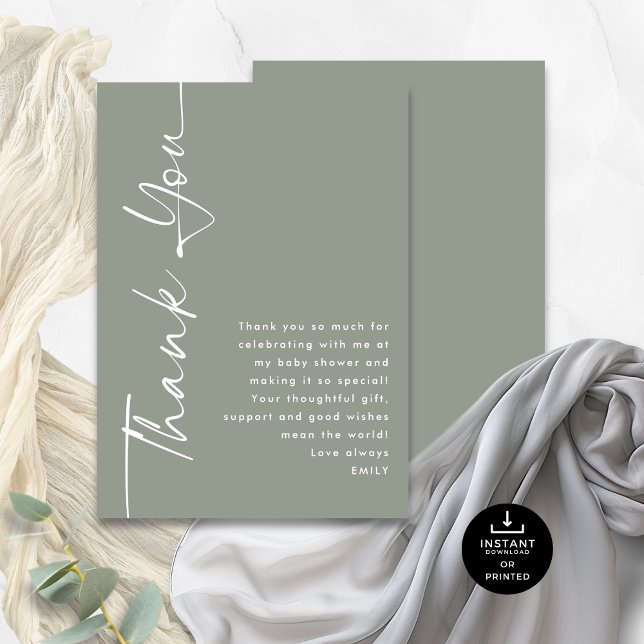 Rotated Calligraphy Sage Baby Dusche Vielen Dank Karte (Front and back view)