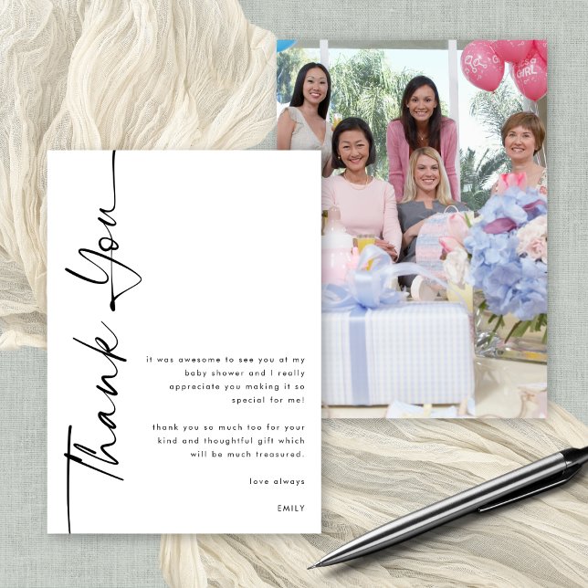 Rotation Black Script Foto Kinderdusche Vielen Dan Karte (Front and back view. Available digitally or printed. Add your photo on the back)