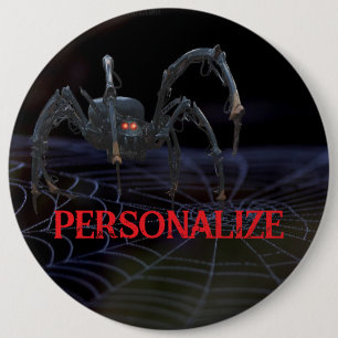 Rotäugige Spinne auf Spinnennetz gruselig Button
