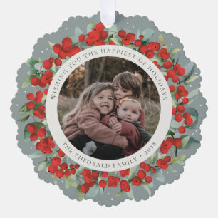 Rotbeerige + Eukalyptus-Festtagskranz Foto Ornament Karte
