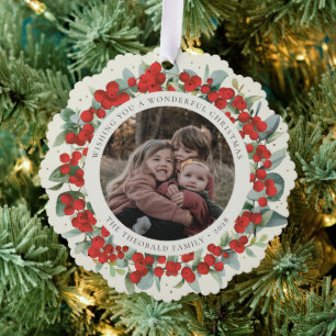 Rotbeerige + Eukalyptus-Weihnachtskranz-Foto Ornament Karte