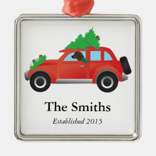 Rotbein-Hund Fahren eines Weihnachtswagens Silbernes Ornament