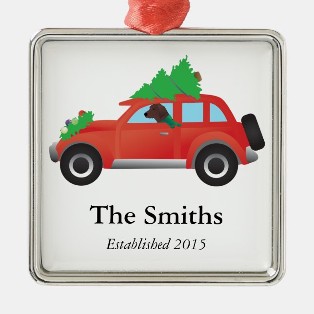 Rotbein-Hund Fahren eines Weihnachtswagens Silbernes Ornament (Vorne)