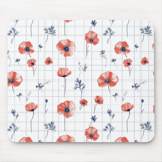 Rotblütenmuster auf weißem Grund Mousepad (Vorne)