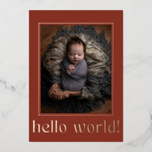 Rotbraune Hello World Foto-Geburtsanzeige Folieneinladung