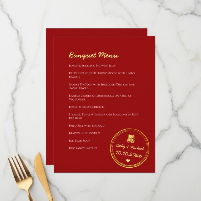 Rotchinesische Hochzeit-Briefmarke Menükarte (Vorderseite/Rückseite Beispiel)