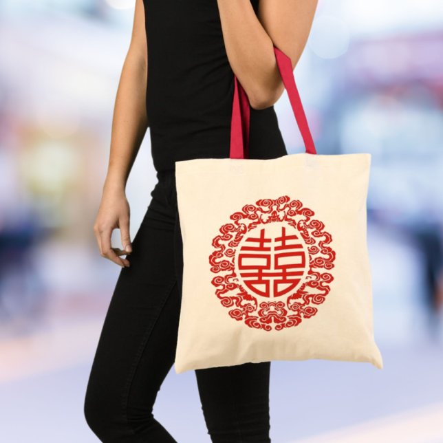 Rotdoppelglücksgefühl Moderne chinesische Gastgesc Tragetasche (red double happiness modern chinese wedding favor tote bag)