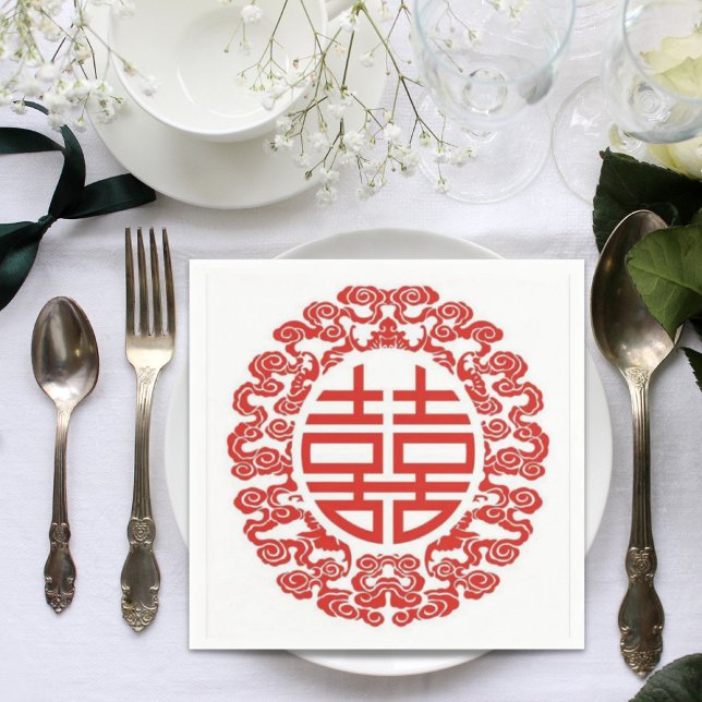 Rotdoppelglückszeit Moderne chinesische Hochzeit Serviette (red double happiness modern chinese wedding paper napkins)