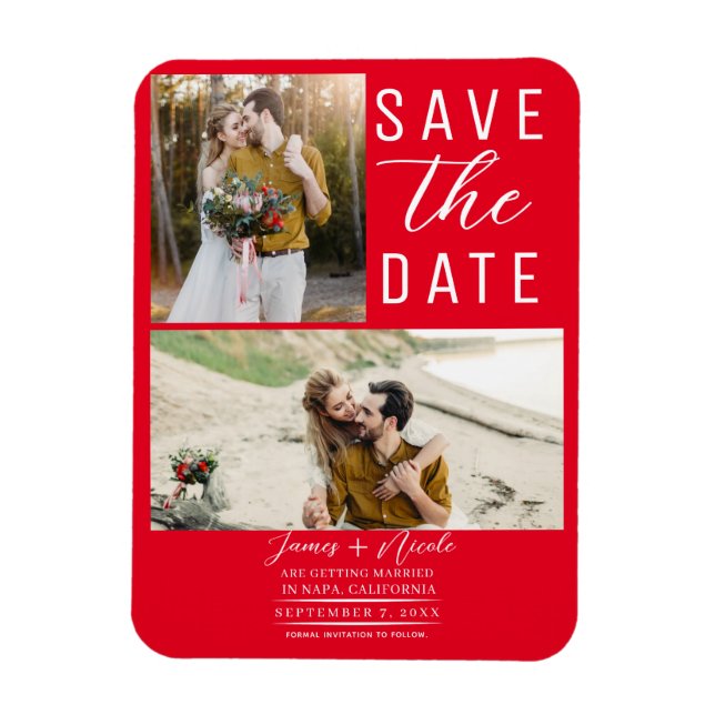 Rote 2 Fotos Save the Date Hochzeit Magnet (Vertikal)