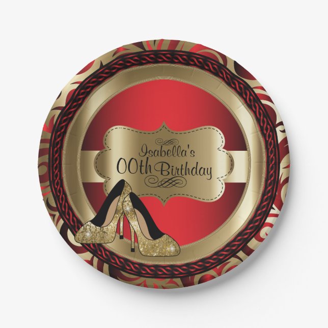 Rote Abstrakte 00. Geburtstag Gold High Heels Pappteller (Vorderseite)