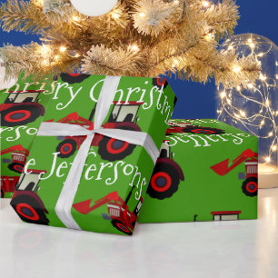 Rote Ackerschlepper auf grünem Weihnachten Geschenkpapier