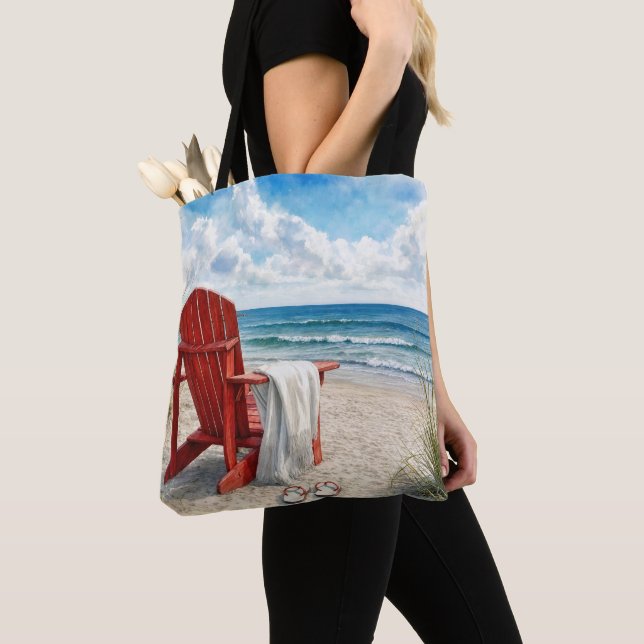 Rote Adirondack-Strandliege mit Flip-Flops (Von Nahem)