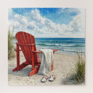 Rote Adirondack-Strandliege mit Flip-Flops Puzzle