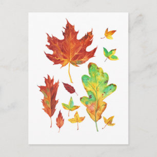 Rote Ahorn- und goldene Eichenblätter Aquarell Postkarte