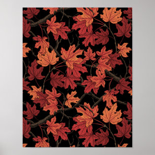 Rote Ahornblätter im Herbst auf Schwarz Poster