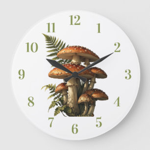 Rote Amanita-Pilze mit Farn Botanik Große Wanduhr