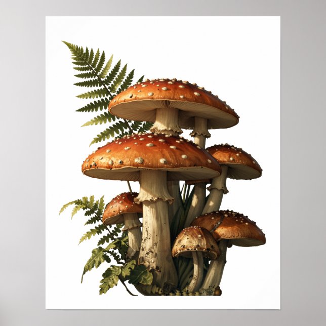 Rote Amanita-Pilze mit Farn Botanik Poster (Vorne)