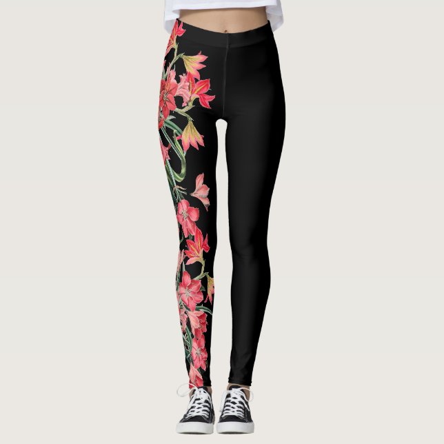 Rote Amarylis Blume mit Blumen ganz über Leggings (Vorderseite)