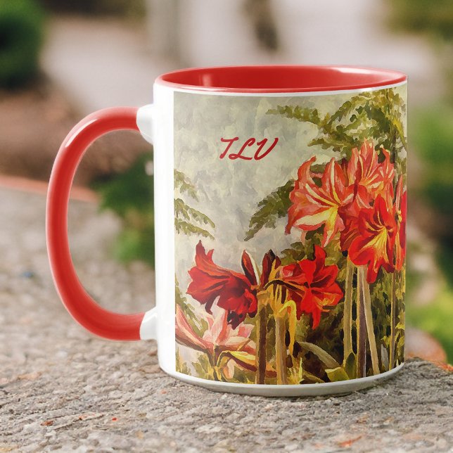 Rote Amaryllis Botanische Kunst - Monogramm-Initia Tasse (Von Creator hochgeladen)