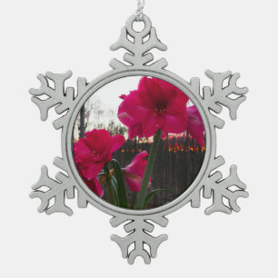 Rote Amaryllis und Winter-Sonnenaufgang Schneeflocken Zinn-Ornament
