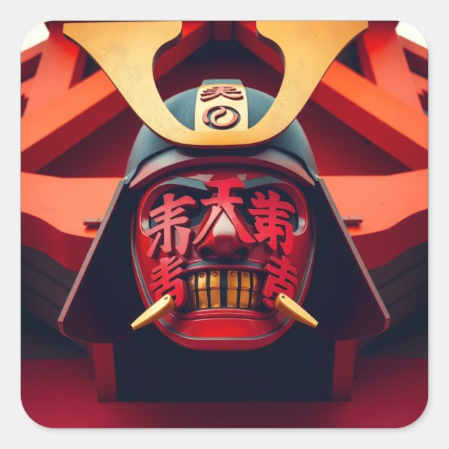 Rote Anime-Samurai-Maske Quadratischer Aufkleber (Vorderseite)