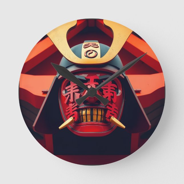 Rote Anime-Samurai-Maske Runde Wanduhr (Vorderseite)