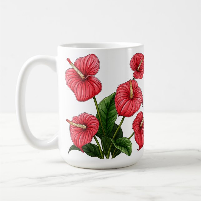 Rote Anthurienblüten mit grünen Blättern Kaffeetasse (Links)