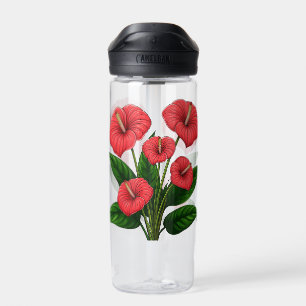 Rote Anthurienblüten mit grünen Blättern Trinkflasche