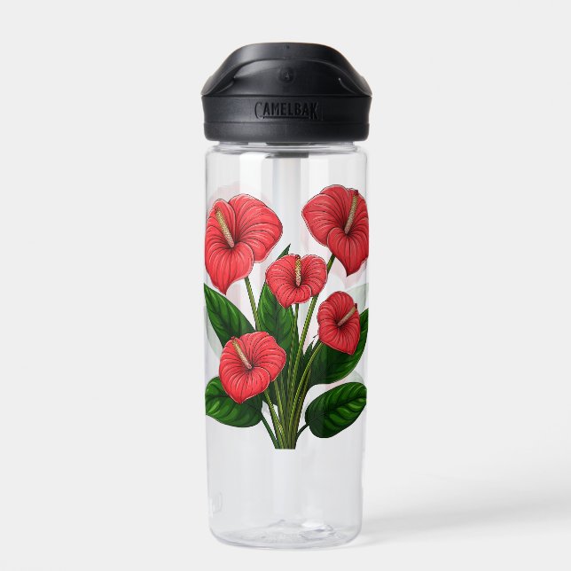 Rote Anthurienblüten mit grünen Blättern Trinkflasche (Rückseite)