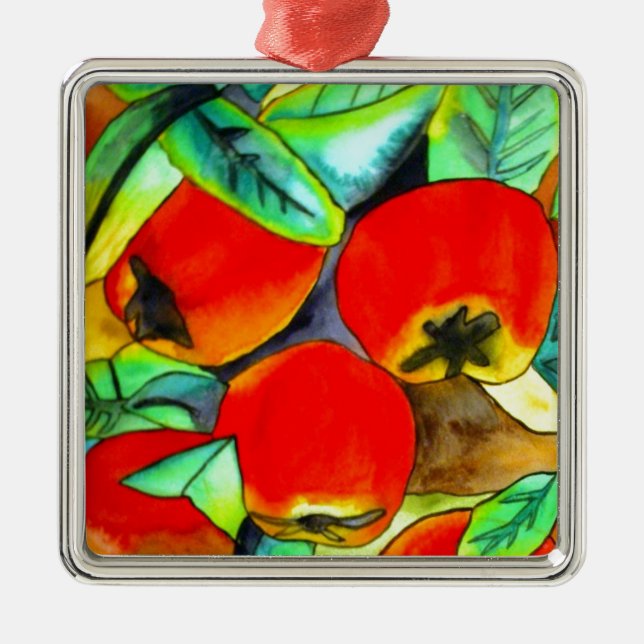 Rote Äpfel Aquarellmalerei Silbernes Ornament (Vorne)